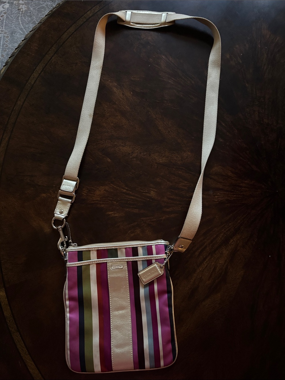 Coach Multi-Stripe Crossbody Bag in Pink, Purple, Green, White